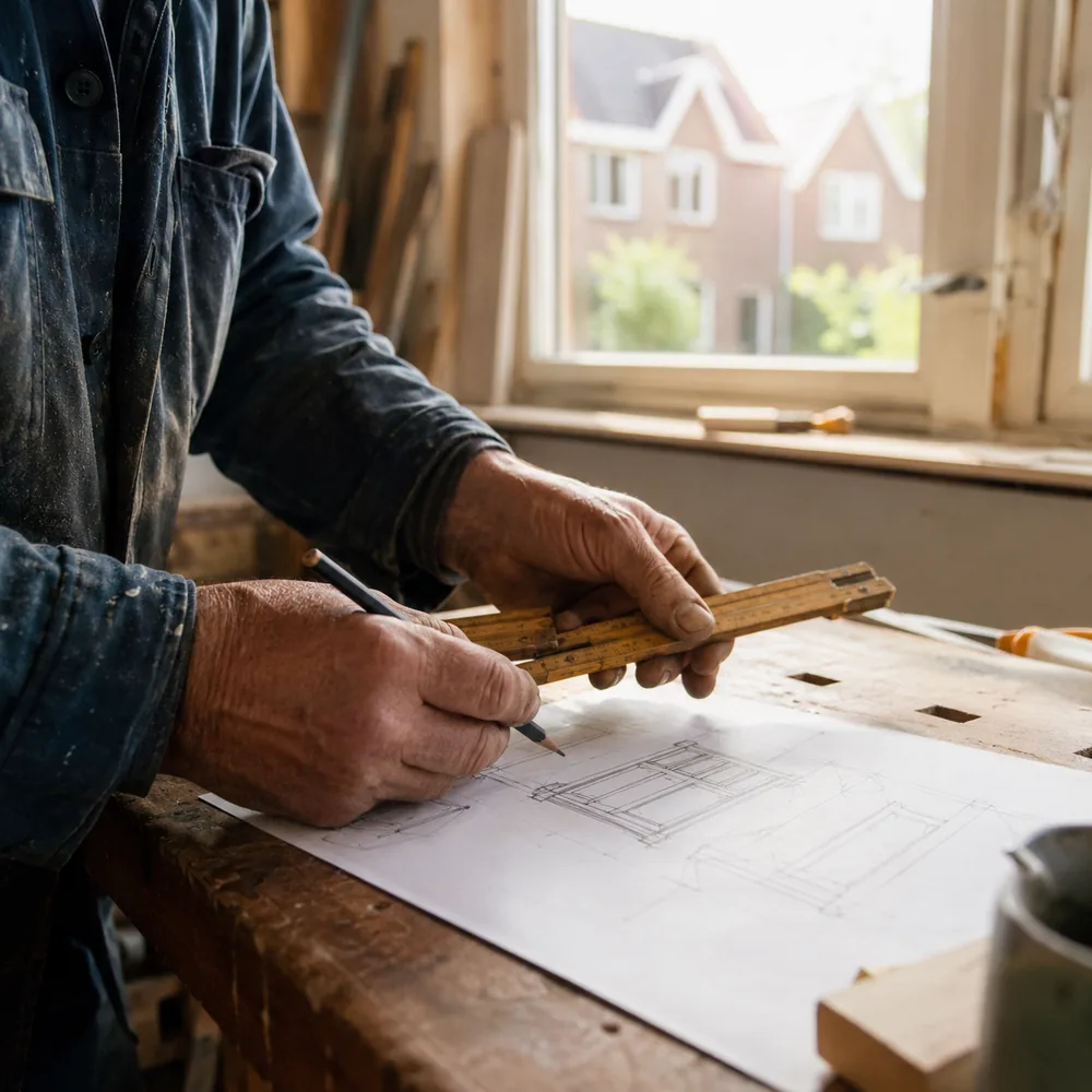 Handen met een duimstok en potlood boven een bouwtekening op een werkbank