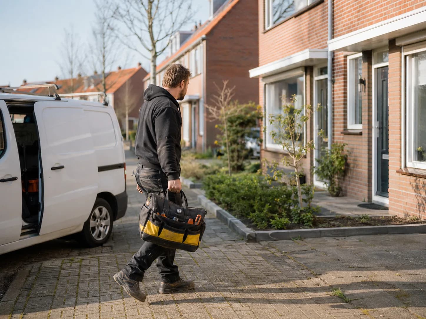Installateur loopt met zijn gereedschapstas van de bus naar een rijtjeswoning