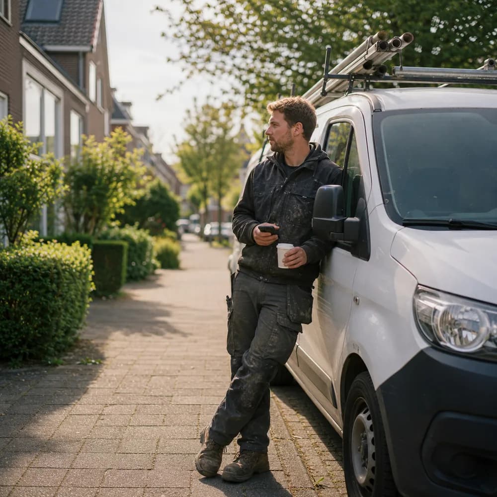 Vakman leunt tijdens een pauze tegen zijn bus met koffie en telefoon in de hand